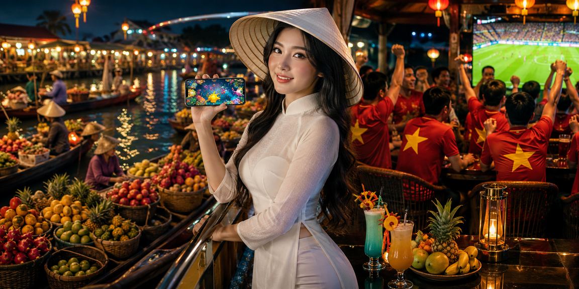 Người phụ nữ đội nón lá vùng đồng bằng sông Cửu Long chơi Bắn Cá trực tuyến bên sông Mekong